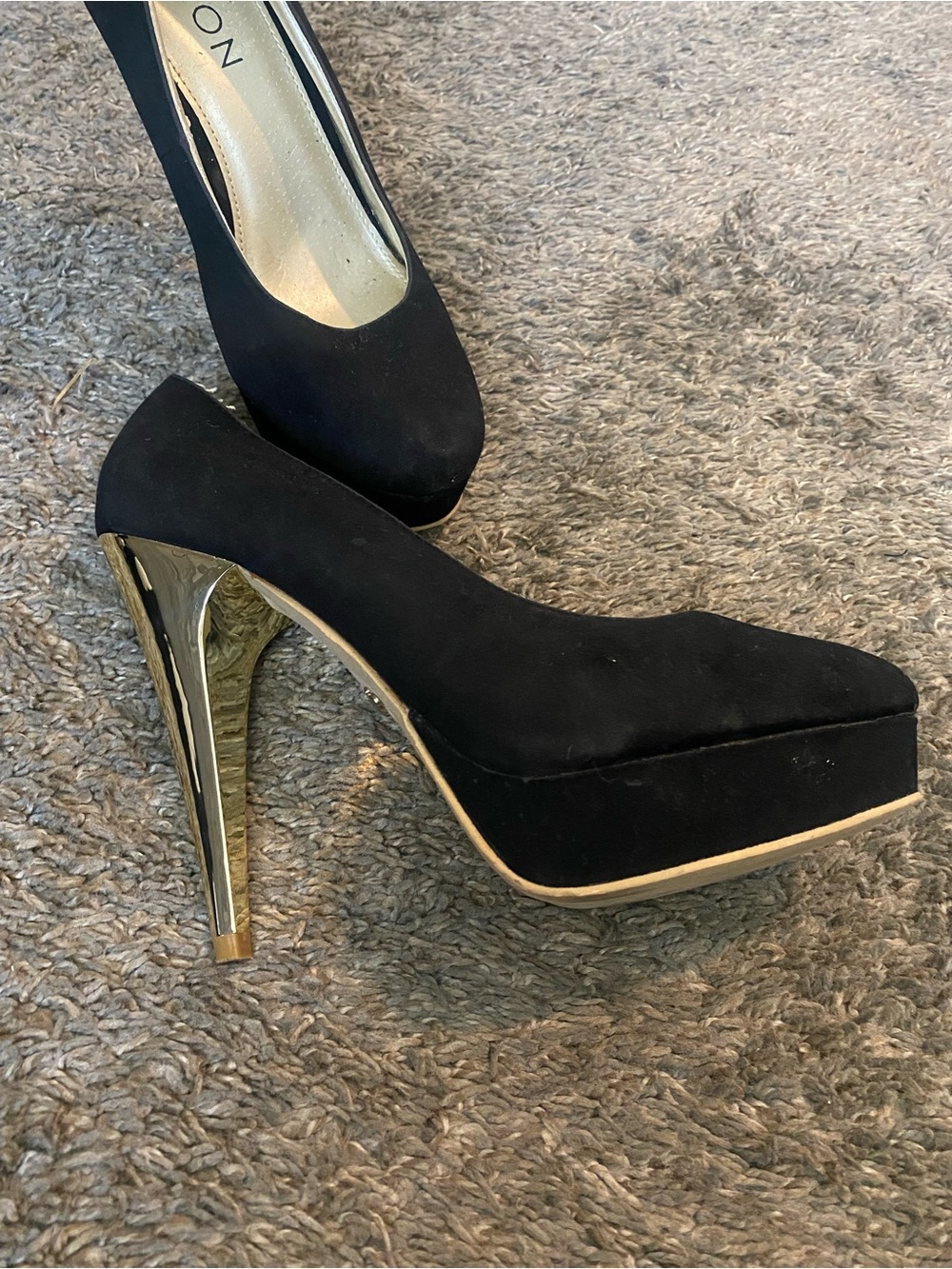 Dereon Black Suede Platform Pumps with Gold Stiletto Heel